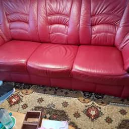 Roze lederen driezitsbank met afneembare kussens op een oosters tapijt