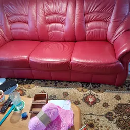 Roze lederen driezitsbank in een woonkamer met gemusterd tapijt