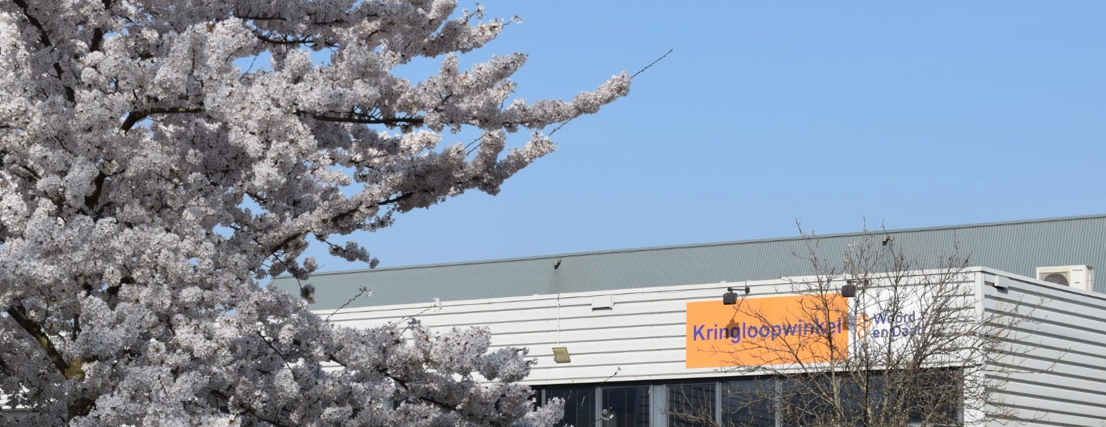 Exterieur van kringloopwinkel met wit en grijs golfplaten dak, oranje bord met winkelnaam, omgeven door besneeuwde bomen