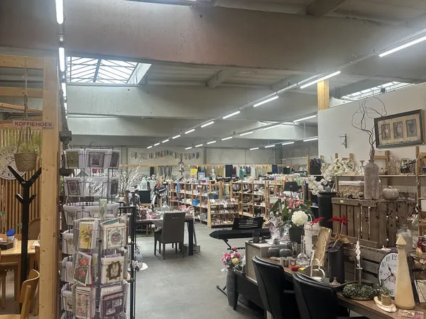 Overzicht van de winkelruimte met diverse meubels, decoratie en spullen uitgestald op rekken en tafels