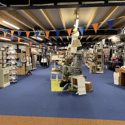 Overzicht van de winkelvloer met blauwe vloer, stellingen, displays en diverse tweedehands artikelen verspreid door de winkel
