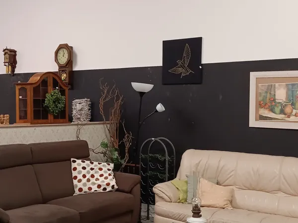 Woonkamer interieur met bruine en crème banken, zwarte wandpanelen, decoratieve elementen en muurschilderijen