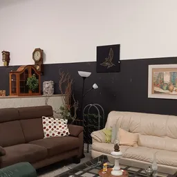 Woonkamer interieur met bruine en crème banken, zwarte wandpanelen, decoratieve elementen en muurschilderijen