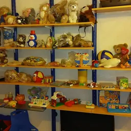 Stellingen gevuld met speelgoed, knuffels, decoratiefiguren en kinderspeelgoed in een kringloopwinkel