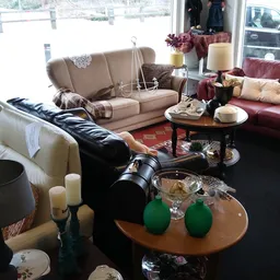 Showroom met diverse meubels: beige en rode banken, zwarte fauteuil, houten tafels, decoratie en verlichting