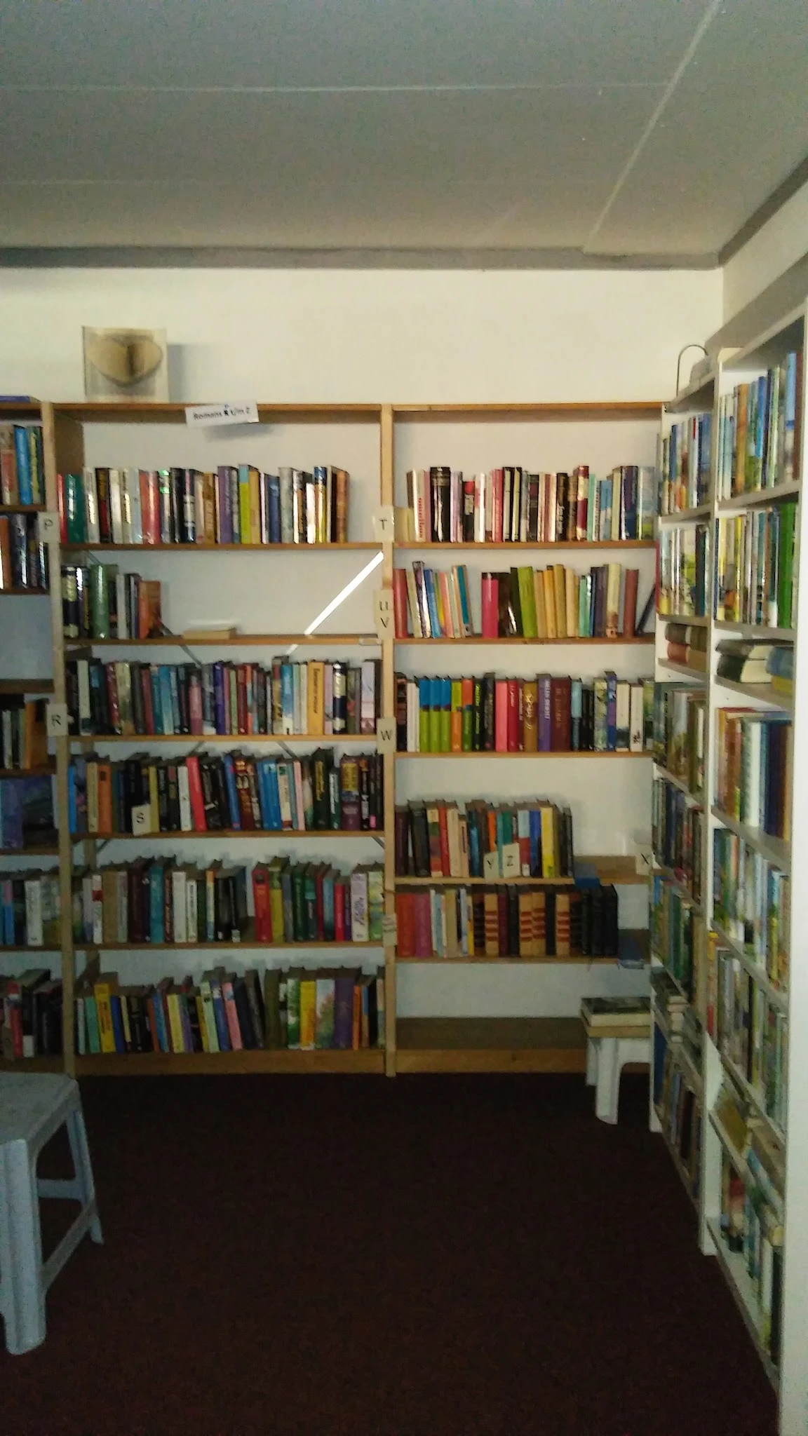 Boekenkasten met honderden tweedehands boeken in verschillende kleuren en formaten