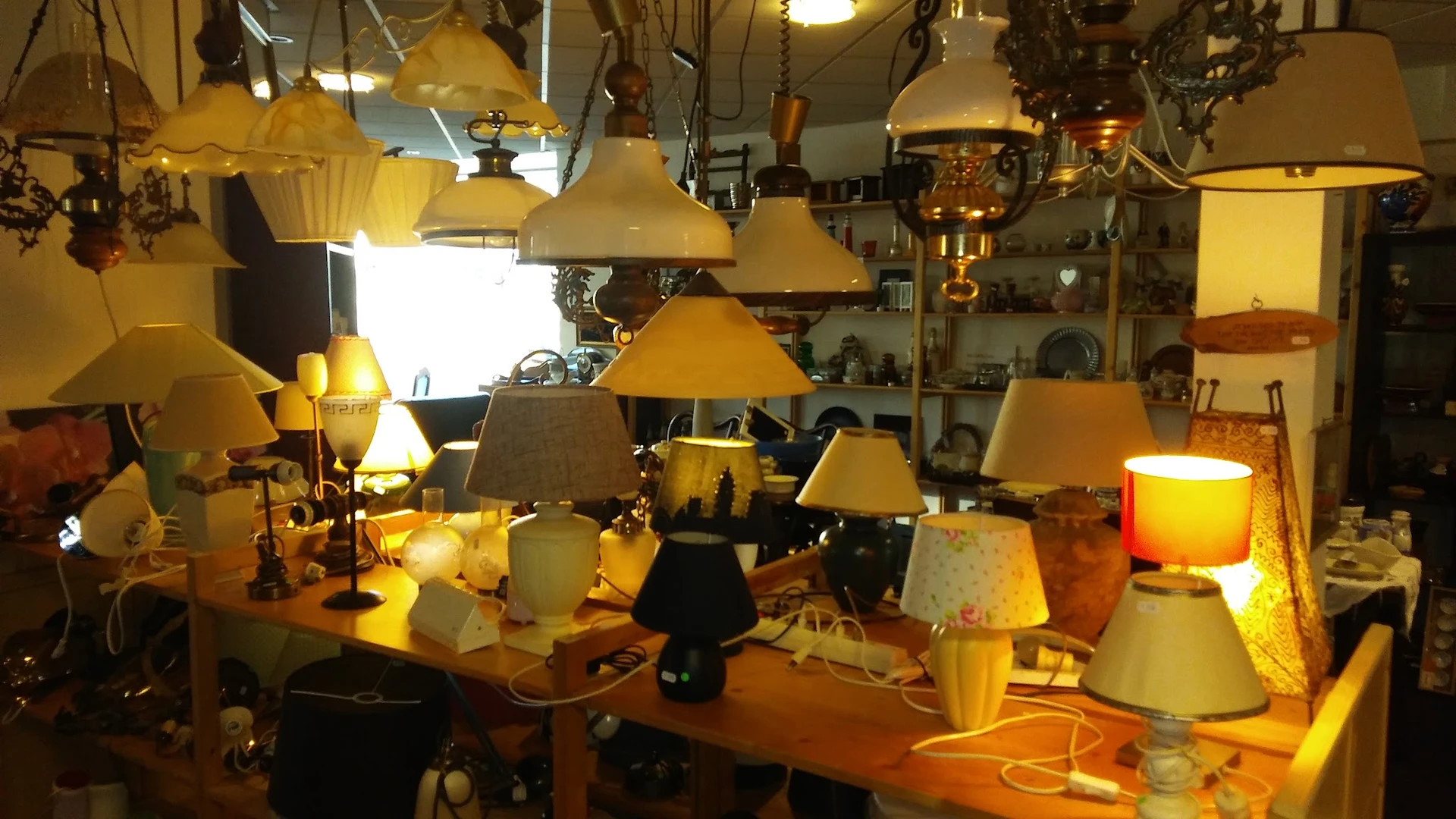 Diverse lampen en lampenkappen uitgestald op tafels in de winkel