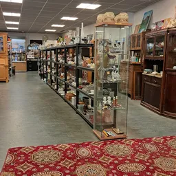 Kringloopwinkel met glazen vitrinekasten en houten meubels op de winkelver