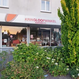 Gevel van kringloopwinkel met grote ramen, groene klimop aan de zijkant en bloeiende struiken ervoor