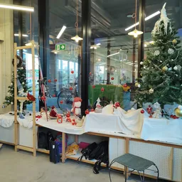 Winkelraam met kerstdecoratie, speelgoed en artikelen op display, kerstboom met verlichting zichtbaar