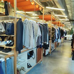 Winkelinterieur met houten stellingen vol tweedehands kleding, schoenen en accessoires langs een gangpad