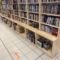Houten stellingen met dvd's, blu-rays en andere media netjes uitgestald in rijen
