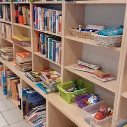 Boekenkasten met uitgestalde tweedehands boeken, tijdschriften en speelgoed in verschillende vakken en manden