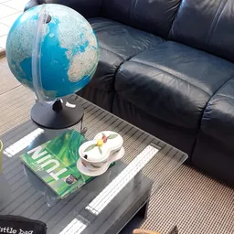Zwarte leren bank met op tafel een wereldbol, boeken en decoratieve items