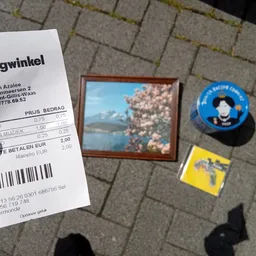 Kassabon van Kringwinkel Den Azalee met artikelen en bedrag, naast enkele tweedehandsartikelen op straatstenen