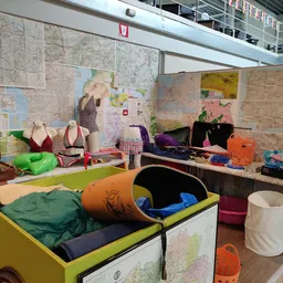 Speelhoek in kringloopwinkel met tunnels, speelgoed en kaarten op muur