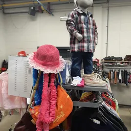Tweedehands kleding en accessoires op toonbank, inclusief roze hoed, gekleurde sjaals en schoenen