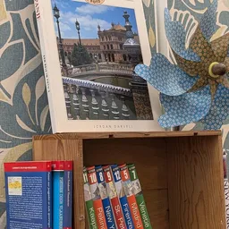 Houten kast met boeken en een fotoboek van Jordan Darvell over Sevilla op de bovenkant