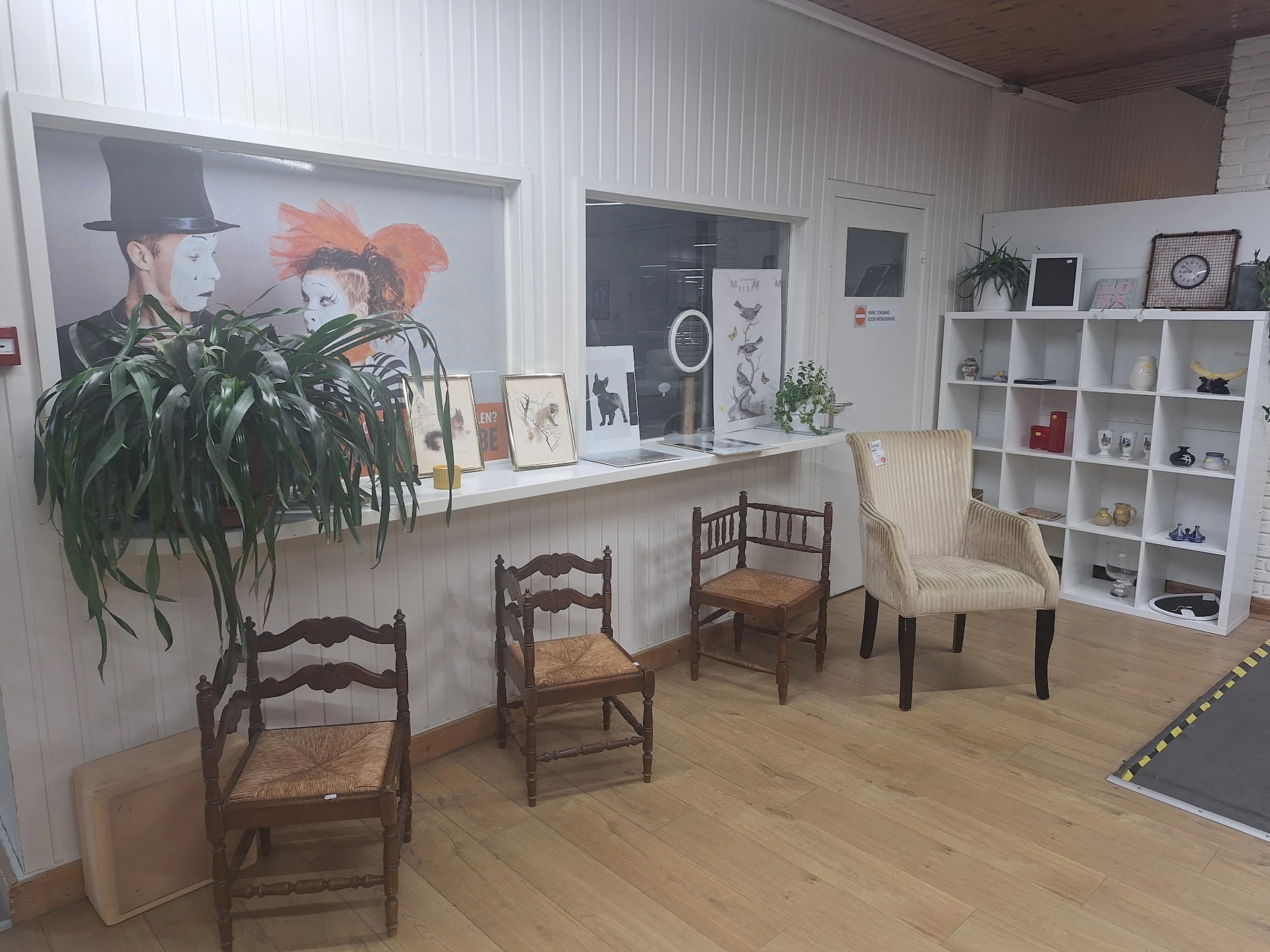 Winkelbinnenruimte met houten stoelen, planten, wit rek met decoratie en artwork aan muur