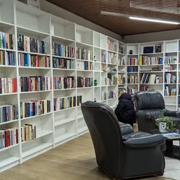 Boekenrek met grote witte kasten vol boeken, zwarte leunstoel en plant in kringloopwinkel
