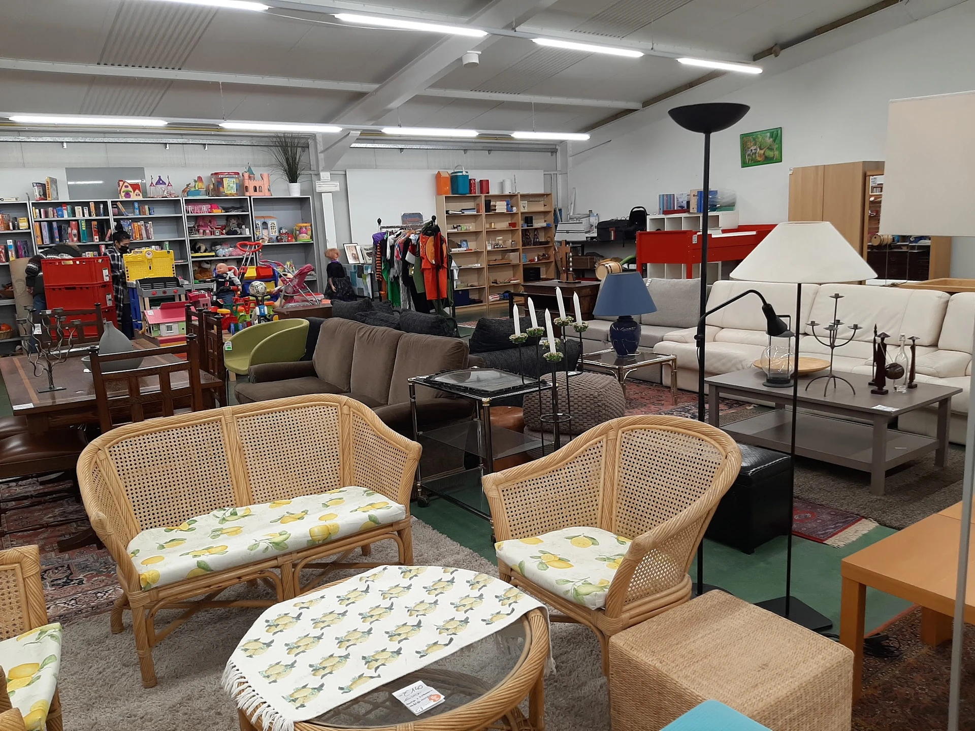 Winkelinterieur met rieten meubels, banken, boekenkasten en diverse tweedehands spullen