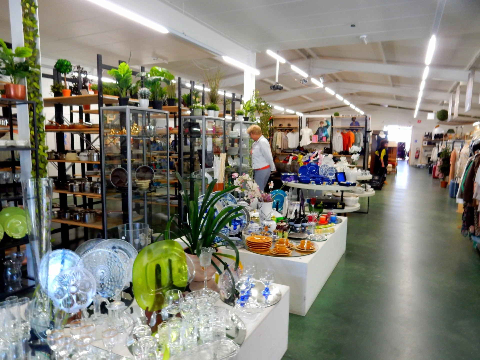 Winkelinterieur met toonbanken, stellingen met diverse artikelen, planten en huishoudelijke spullen; twee bezoekers in de win