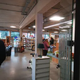 Winkelvloer van kringloopwinkel met stellingen, kasten, klanten en overheadverlichting