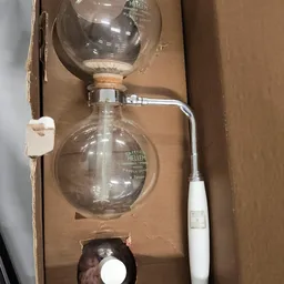 Glazen sifon met houten bovenkap en witte handvat, verpakt in kartonnen doos