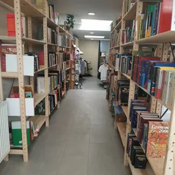 Gangpad tussen houten stellingen vol boeken in een kringloopwinkel