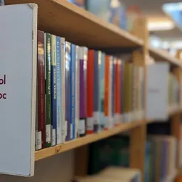Boekenrek met label 'Pol Soc' en diverse boeken met gekleurde ruggen in een kringloopwinkel