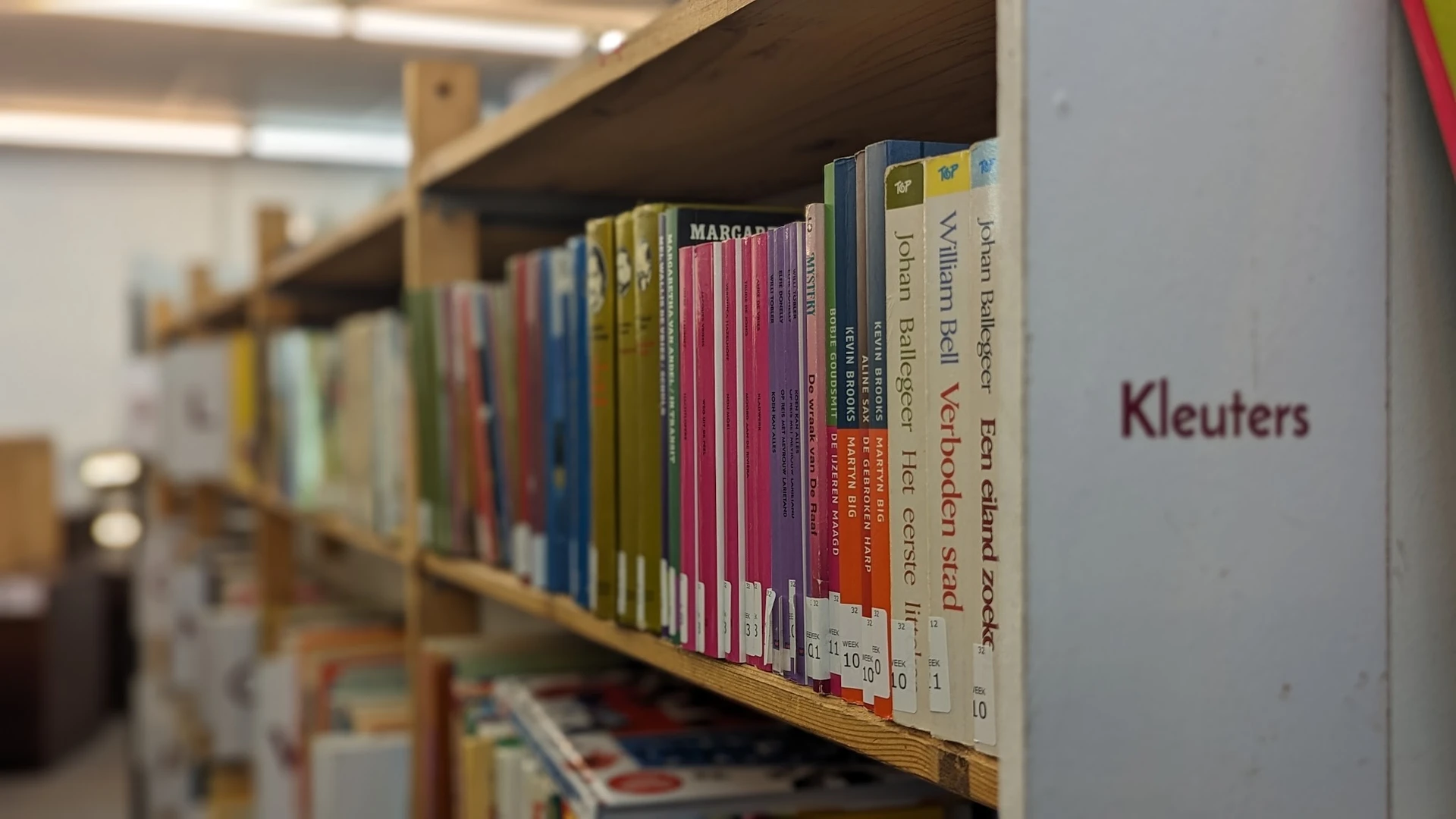 Boekenrekken met diverse tweedehands boeken op een houten stellage in de winkel