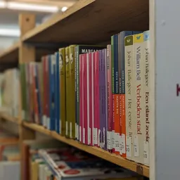 Boekenrekken met diverse tweedehands boeken op een houten stellage in de winkel