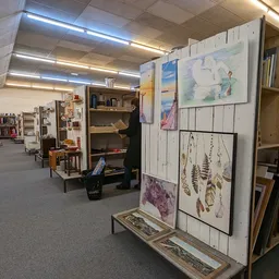 Winkelvloer met stellingen, boekenrekken, kunstwerken op wit bord en diverse tweedehandsartikelen