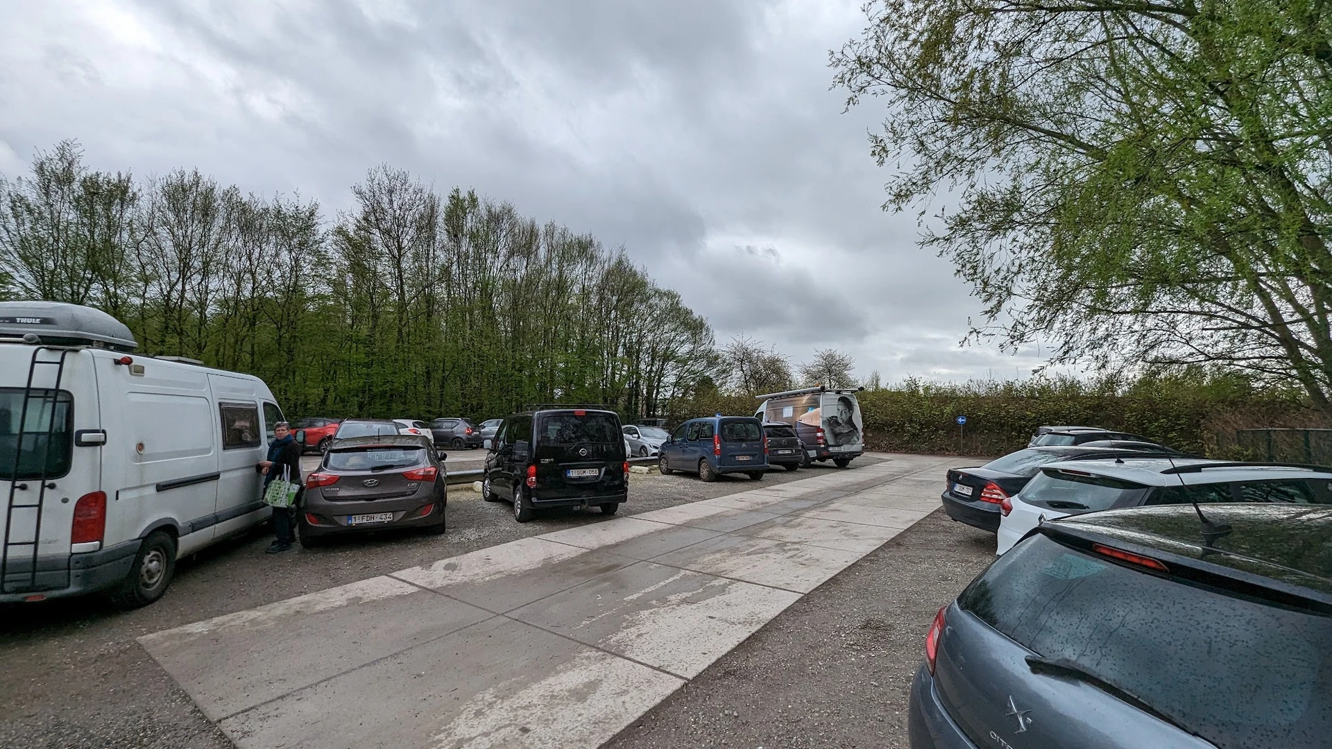 Parkeerplaats met geparkeerde auto's en bomen op de achtergrond