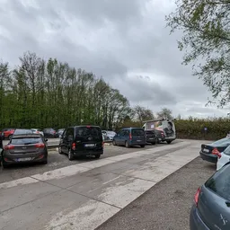 Parkeerplaats met geparkeerde auto's en bomen op de achtergrond