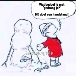 Getekende afbeelding van een kind dat een sneeuwpop een handstand leert doen
