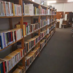Houten boekenrekken met cd's en dvd's in een kringloopwinkel