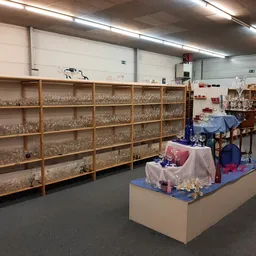 Winkelvloer met houten stellingen vol met glazen voorwerpen en verzamelobjecten, winkelafdelingen zichtbaar op achtergrond