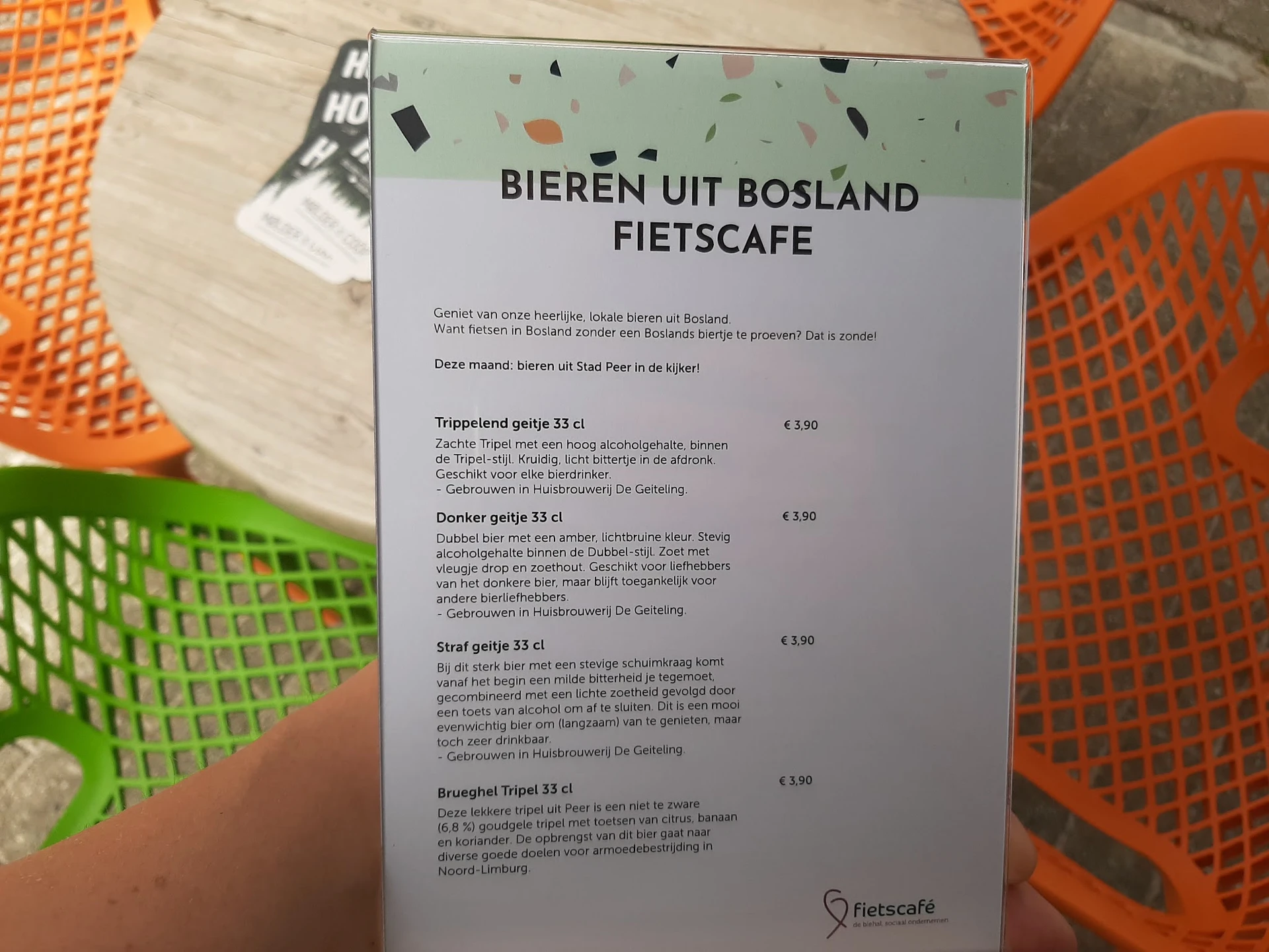Menukaart van Bieren uit Bosland Fietscafe met vier biersoorten en prijzen