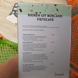 Menukaart van Bieren uit Bosland Fietscafe met vier biersoorten en prijzen
