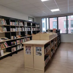 Boekenrekken en stellingen in een kringloopwinkel met houten vloer en grote ramen