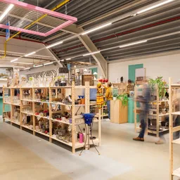 Ruime winkelruimte met houten stellingen vol spullen, moderne verlichting en groene accenten