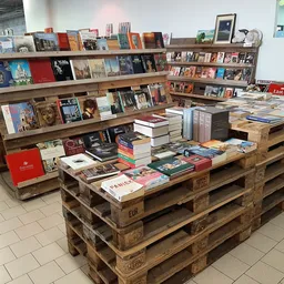 Boeken en media uitgestald op houten pallets en stellingen in een kringloopwinkel