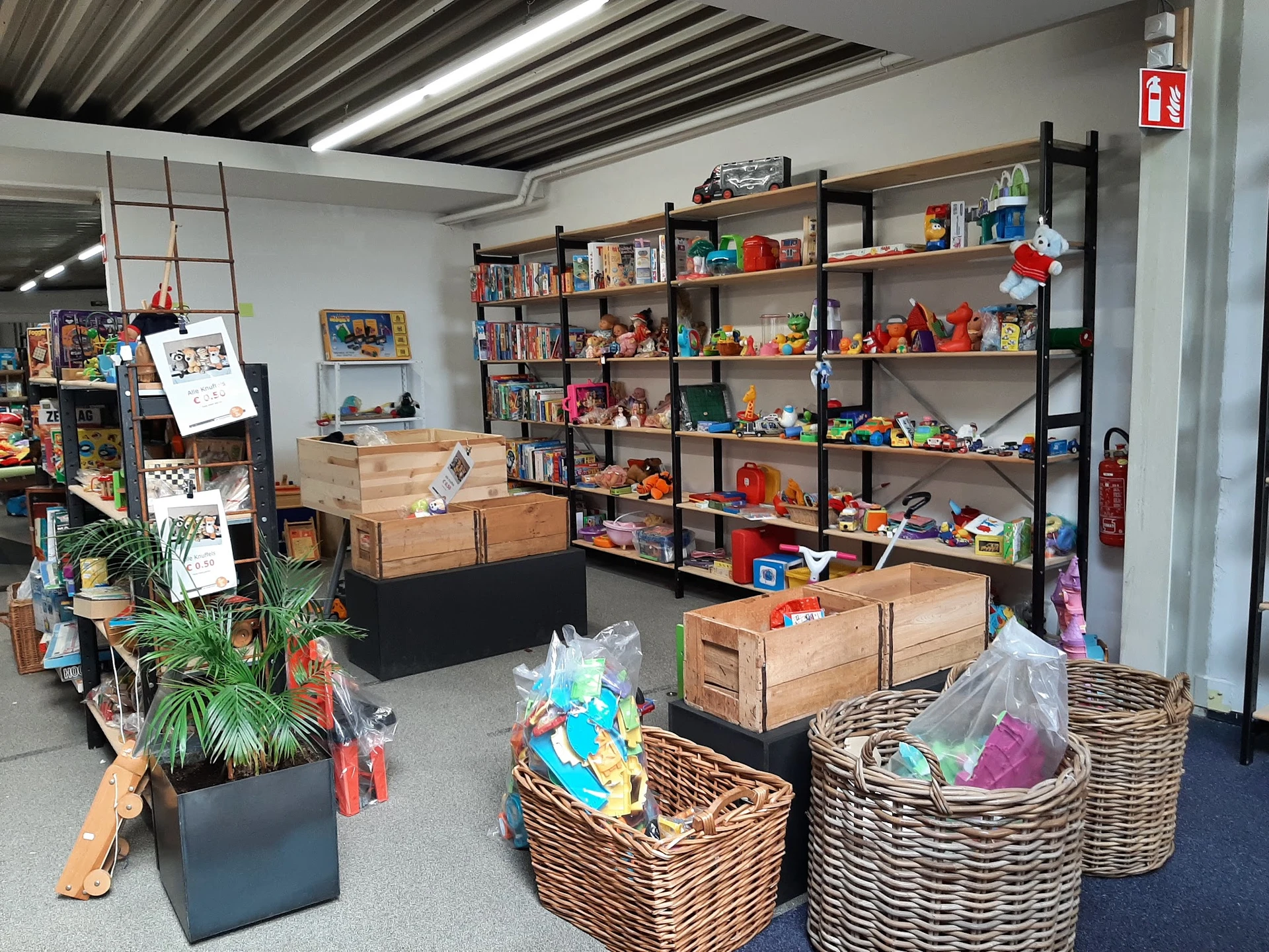 Winkelinterieur met zwarte stellingen vol speelgoed en boeken, houten meubels, rieten manden en plantenbak op de vloer