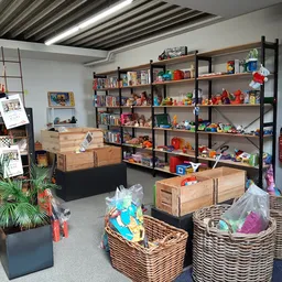 Winkelinterieur met zwarte stellingen vol speelgoed en boeken, houten meubels, rieten manden en plantenbak op de vloer