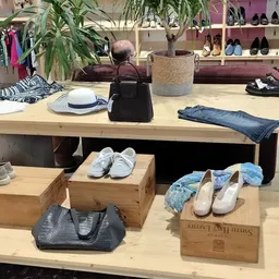 Uitstalling van tweedehands schoenen, tassen en kledingaccessoires op houten blokken en toonbank