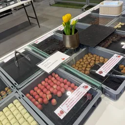 Vitrinekasten met uitgestalde aardewerk en keramische items in verschillende kleuren