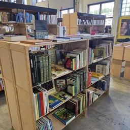 Houten boekenkasten met cd's, dvd's en boeken in een kringloopwinkel