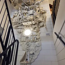 Groot wit kunstwerk gemaakt van plastic huishoudelijke artikelen, opgehangen aan plafond