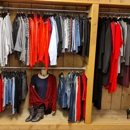Houten stellingen met uitgestalde tweedehands kleding in verschillende kleuren, met rode, zwarte en grijze kledingstukken, sc